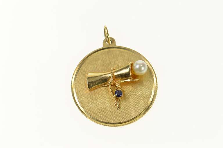 14K Yellow Gold Pearl Sapphire Accent Diploma Graduation Charm/Pendant