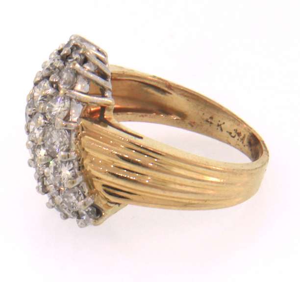 14k yellow gold three row diamond cluster