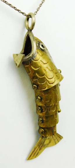 Big Vintage Reticulated Brass Fish Pendant & Chain