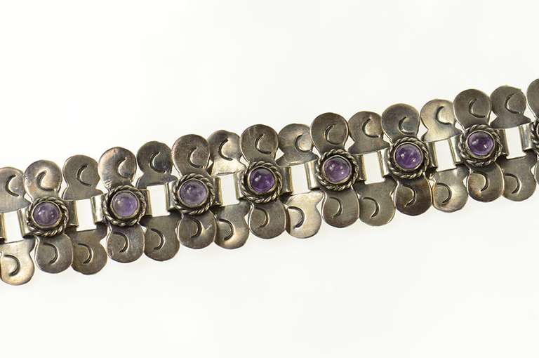 Sterling Ornate Taxco Amethyst Swirl Link Mexican Bracelet