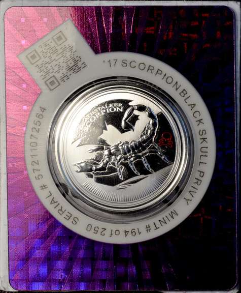 2017 Deathstalker Scorpion Black Skull Privy Mark # 194 0f 250 Minted. 1oz. .999 Silver.