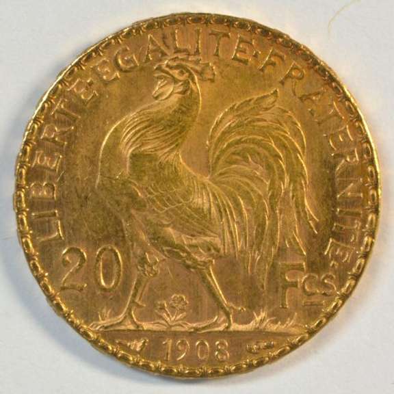 Superb Gem BU 1908 France 20 Francs Gold 'Rooster' coin