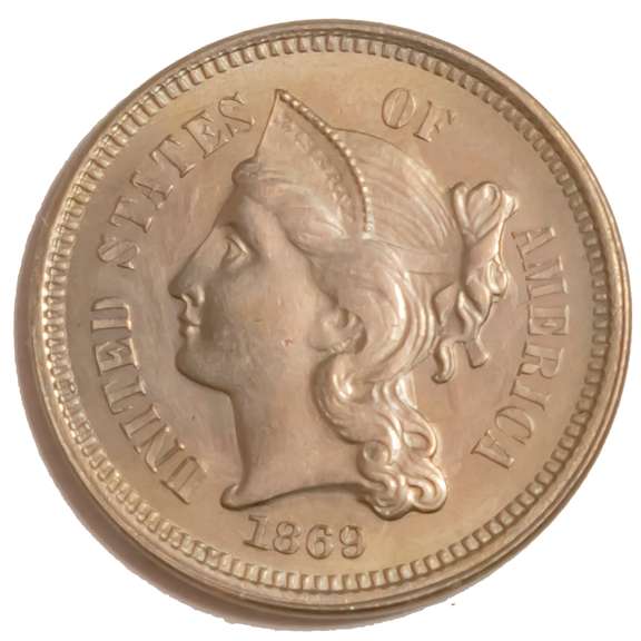 1869  Unc 3 Cent Nickel