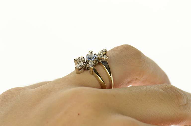 14K White Gold Diamond Flower Syn. Blue Topaz Statement Ring