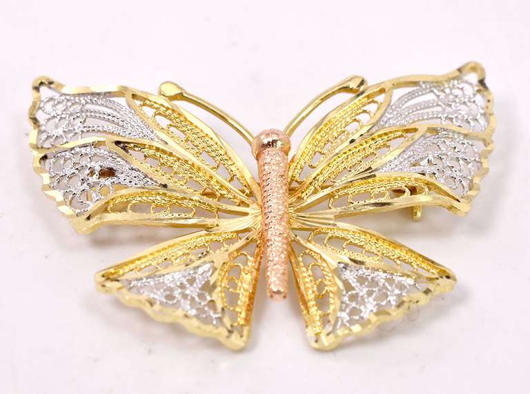 Wonderful Tri-Color Butterfly Pin in 14KT Gold