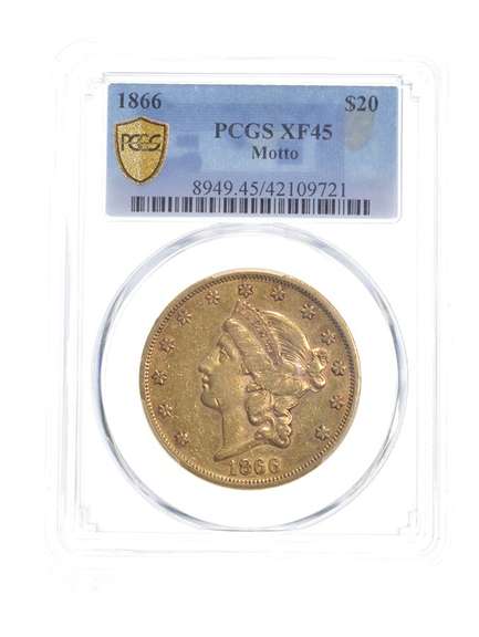 XF45 1866 $20 Liberty Head Gold Double Eagle - Motto - Graded PCGS