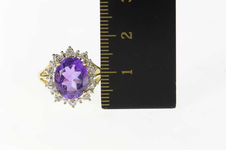 14K Yellow Gold Oval Amethyst Diamond Halo Cocktail Ring