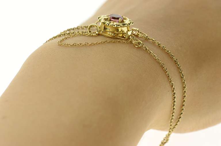 14K Yellow Gold Victorian Pink Topaz Retro Ornate Slide Charm Bracelet
