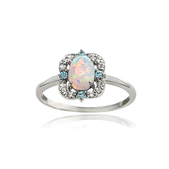 Sterling Silver Created Opal with Blue & White Topaz Scallop Frame Oval Ring