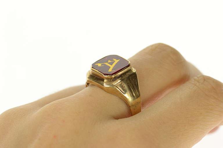 10K Yellow Gold 1930's A Monogram Letter Syn. Ruby Men's Ring
