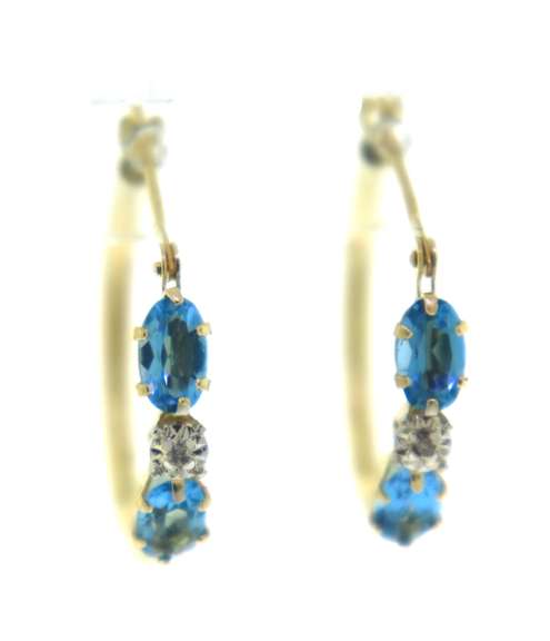 Charming Yellow Gold Blue Topaz & Diamond Hoop Earrings