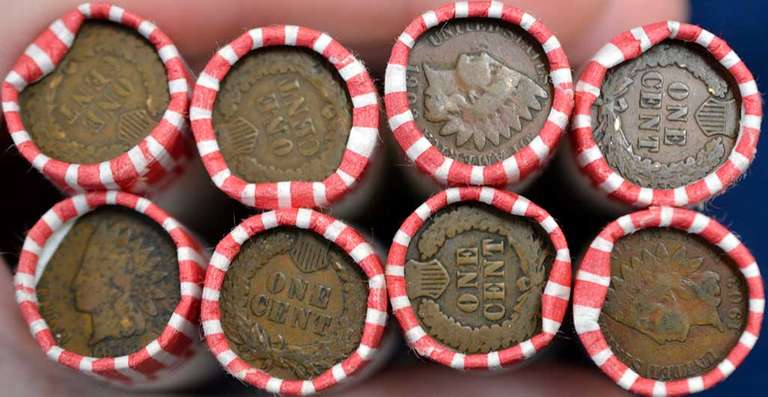 8 Unsearched Indian Cents Rolls, Machine Rolled In The 1980s Estate.