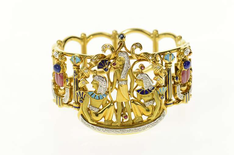 18K Yellow Gold Egyptian Hieroglyphic Diamond Bangle Bracelet
