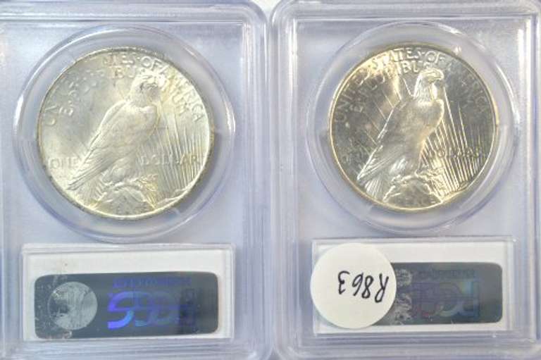 Nearly Gem BU 1923 & 1924 Peace Silver Dollars. PCGS MS64