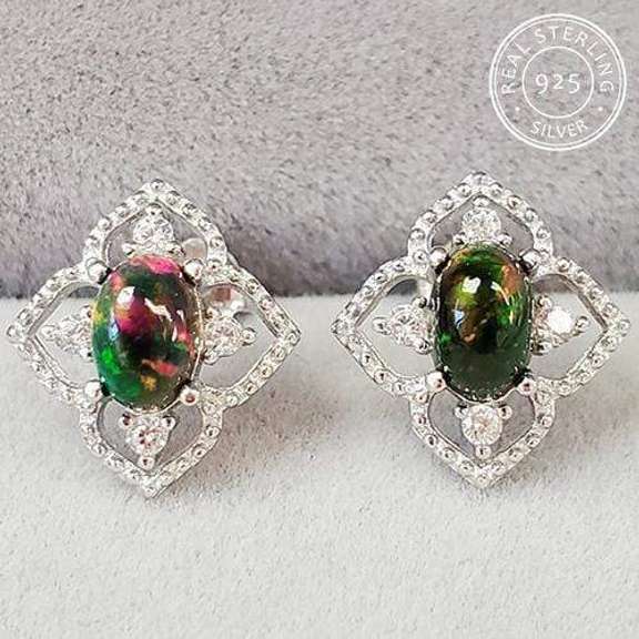 GENUINE ETHIOPIAN BLACK OPAL & CREATED WHITE TOPAZ 925 STERLING SILVER EARRINGS