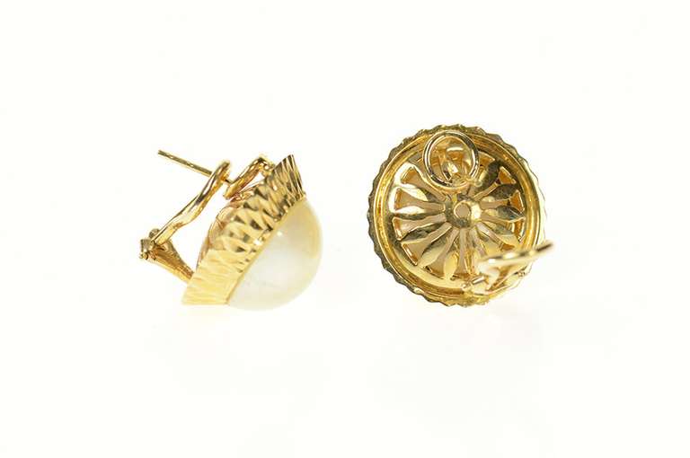 14K Yellow Gold Retro Mabe Pearl Lattice Trim French Clip Earrings
