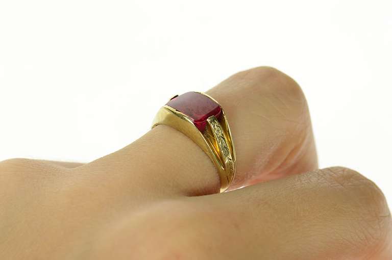 14K Yellow Gold Art Deco Syn. Ruby Ornate Squared Statement Ring
