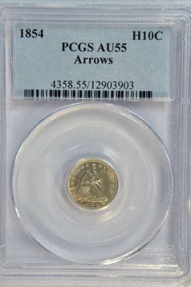Basically BU 1854 Arrows Liberty Seated Half Dime. PCGS AU55