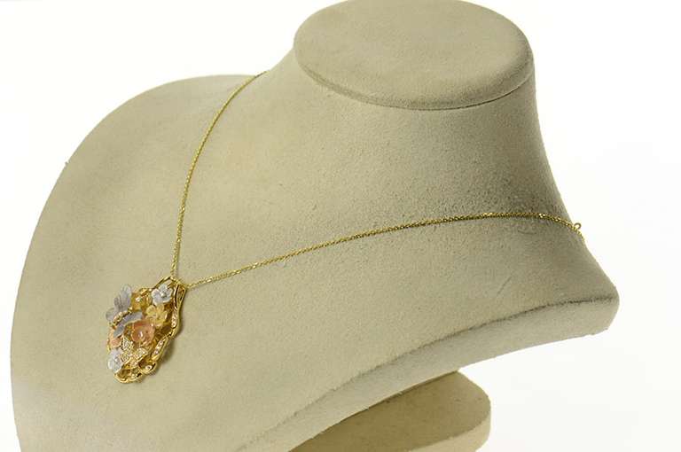 18K Yellow Gold JY Diamond Designer Butterfly Flower Statement Pendant
