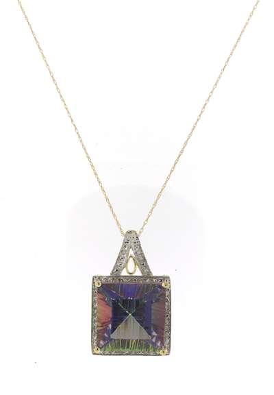 Fabulous Yellow Gold Mystic Topaz and Diamond Pendnat on Chain