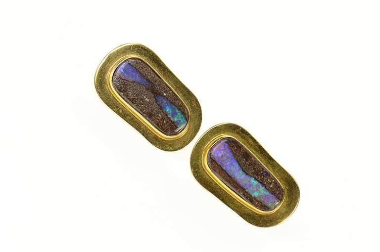 14K Yellow Gold Oval Natural Black Opal French Clip Earrings