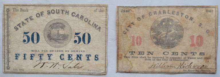 10 Cent City Of Charleston & 50 Cent  July 1862 Notes