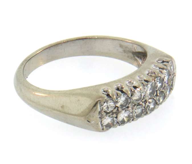 14k white gold diamond band ring with shared prong setting