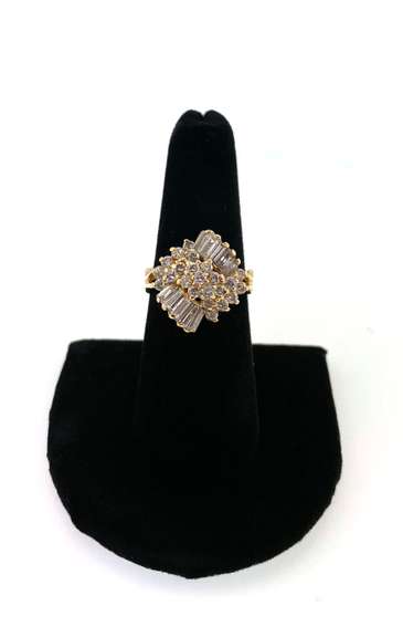 Unique Round & Baguette Diamond Cluster Ring in 14kt Yellow Gold