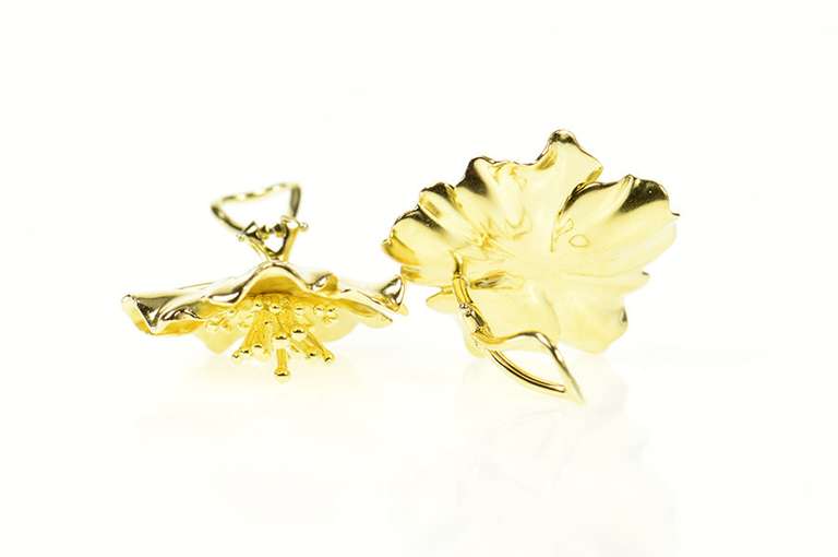 18K Yellow Gold Elaborate Hibiscus Flower Clip Back Statement Earrings