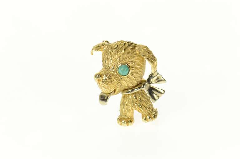 18K Yellow Gold Turquoise Eyed Puppy Dog Retro Stylized Pin/Brooch
