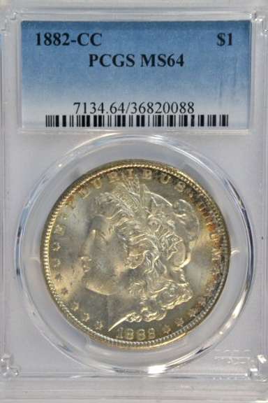 Nearly Gem BU 1882-CC Morgan Silver Dollar. PCGS MS64
