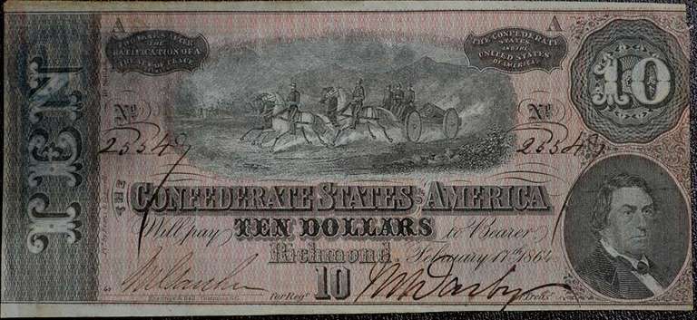 February 17th 1864 Richmond, VA Confederate States Of America Ten Dollars, About Uncirculated.