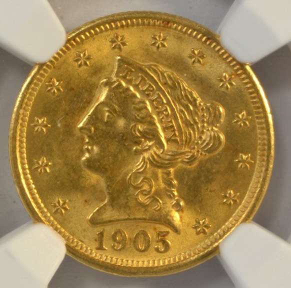 Super Gem BU 1905 US $2.50 Liberty Gold Piece. NGC MS65