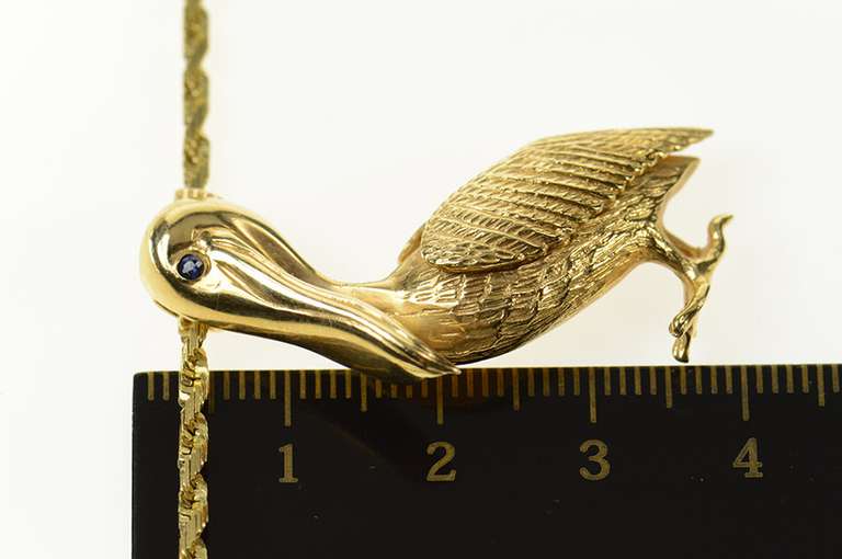 14K Yellow Gold Ornate Sapphire Eyed Pelican Rope Chain Necklace