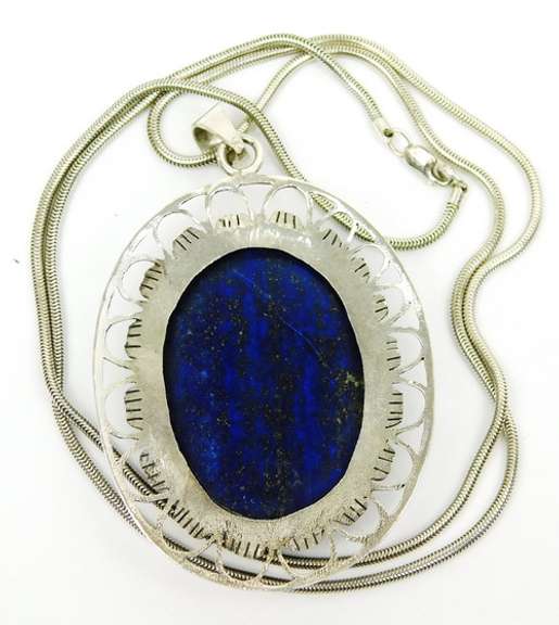 Massive Sterling Lapis Pendant & Long Chain