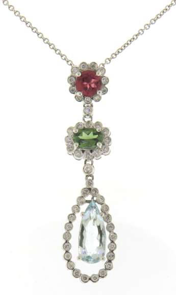 Dreamy White Gold Tourmaline & Aquamarine w Diamond Halo Dangle Pendant
