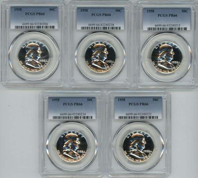 5 Superb Gem Proof 1958 Franklin Half Dollars. PCGS PR66