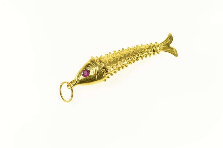 22K Yellow Gold Ornate Articulated Ruby Eyed Fish Statement Pendant