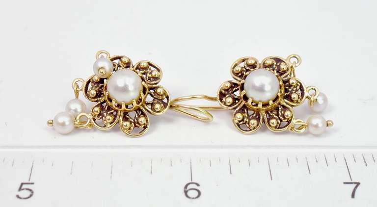 Ornate Flower Style Pearl Earrings in 14K Yellow Gold