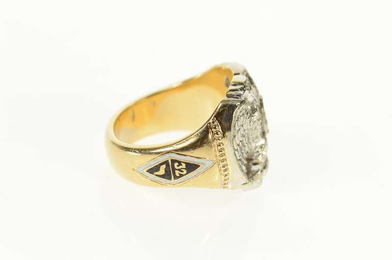 14K Yellow Gold Two Tone Eagle Masonic Enamel 4.8mm Setting Ring