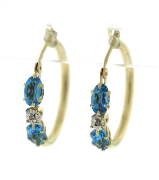 Charming Yellow Gold Blue Topaz & Diamond Hoop Earrings