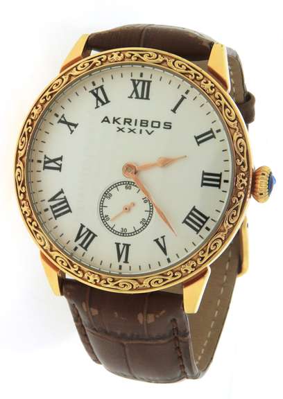 Akribox XXIV Engraved Scroll Bezel Design Watch w Leather Strap