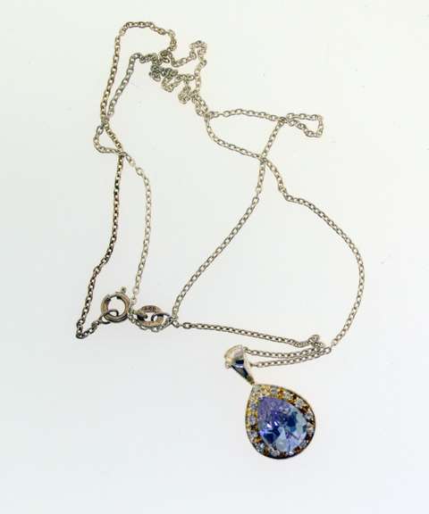 Sterling Silver Purple Stone Tear Drop Pendant With Chain