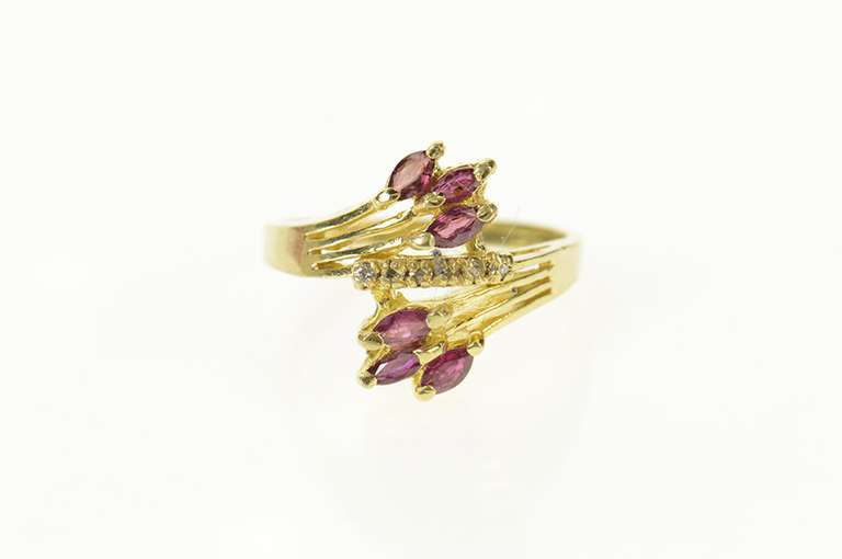 14K Yellow Gold Marquise Natural Ruby Diamond Bypass Ring
