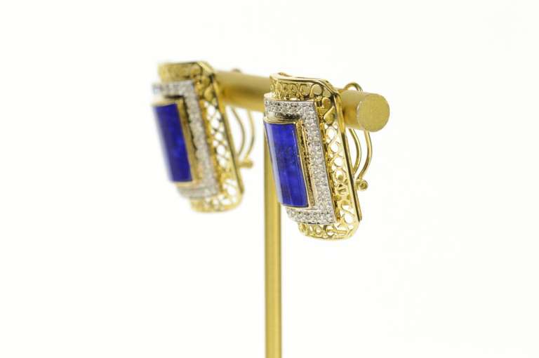 14K Yellow Gold Ornate Lapis Lazuli Diamond French Clip Earrings
