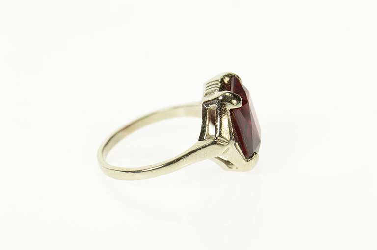 10K White Gold Art Deco Syn. Ruby Squared Ornate Statement Ring