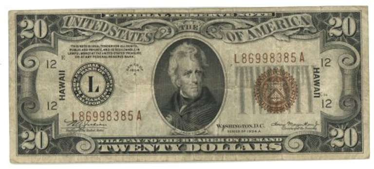 Scarce 1934-A $20 Hawaii World War II Emergency Note