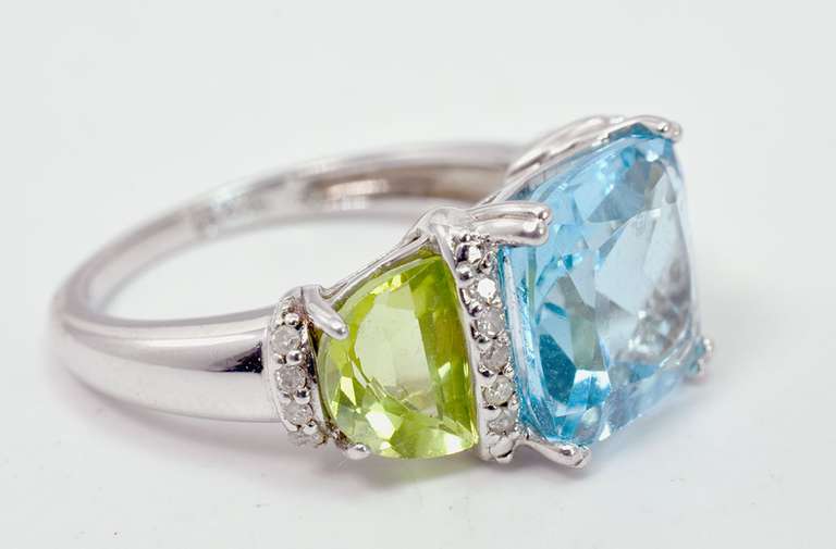Blue and Green Gemstone Sterling Silver Ring with White Crystal Accents