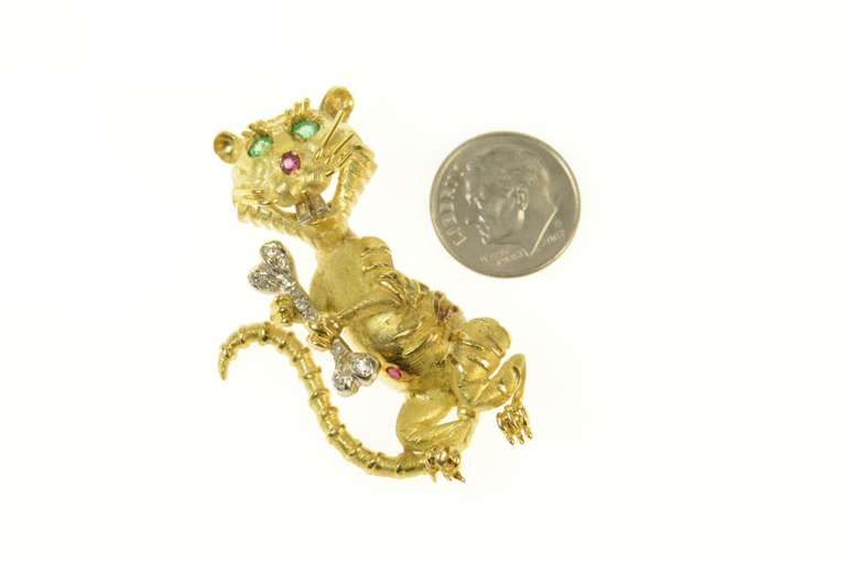 18K Yellow Gold Emerald Eyed Rat Diamond Bone Ruby Pin/Brooch