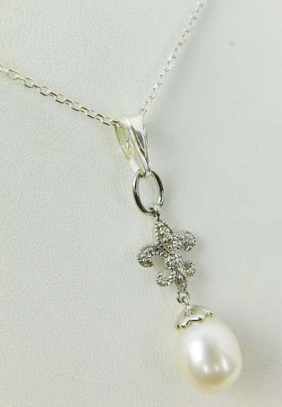 Sterling Pearl & Diamonds Fleur-De-Lis Necklace